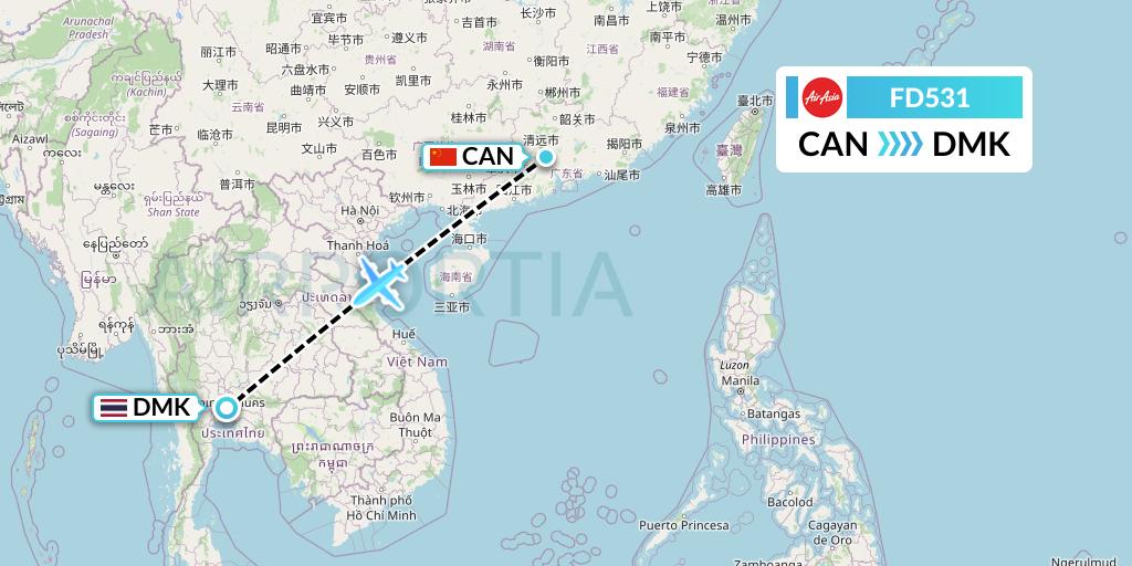 FD531 Thai AirAsia Flight Map: Guangzhou to Bangkok