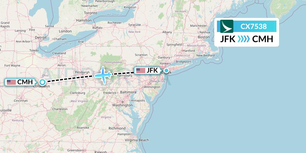 CX7538 Cathay Pacific Flight Map: New York to Columbus