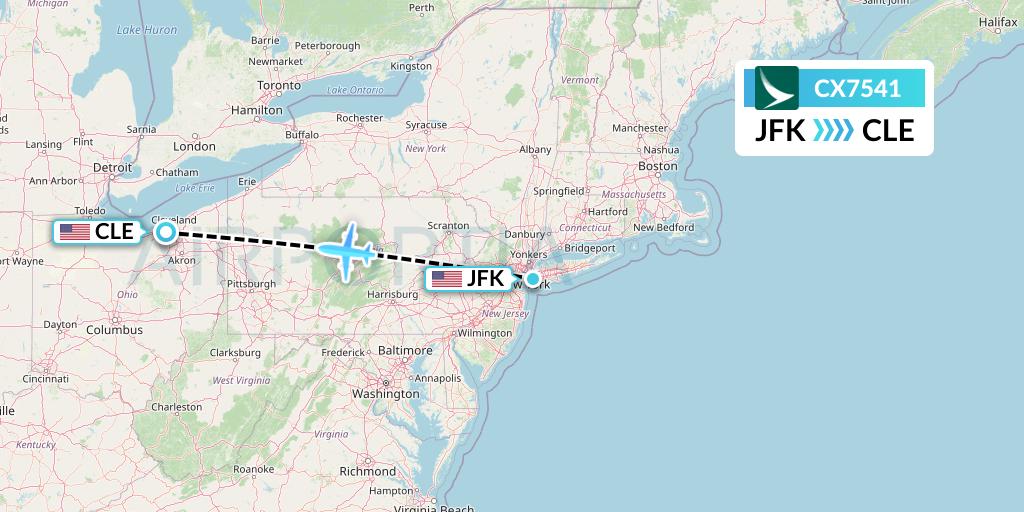 CX7541 Cathay Pacific Flight Map: New York to Cleveland