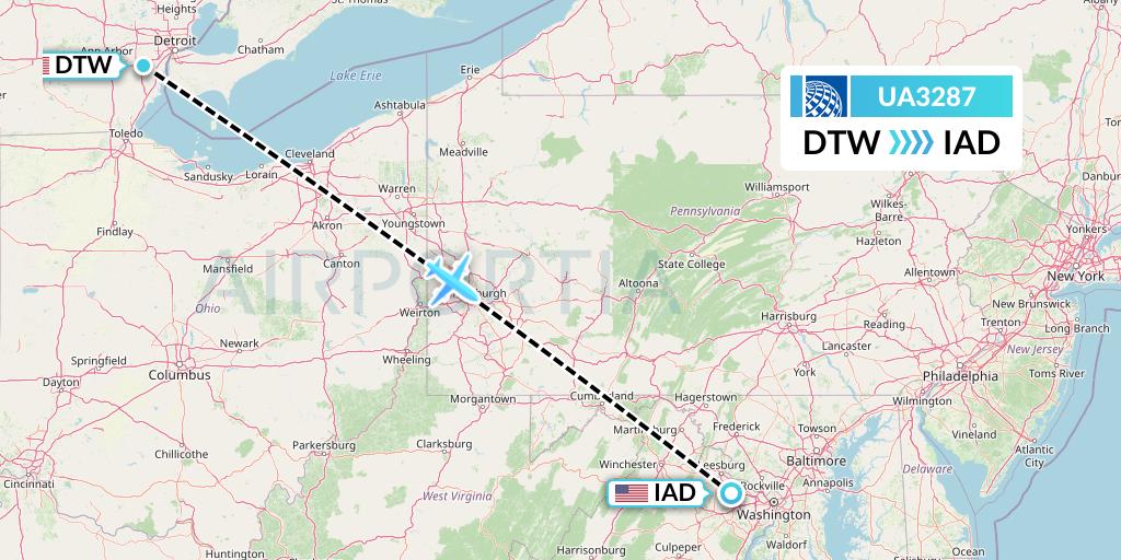 UA3287 United Airlines Flight Map: Detroit to Washington