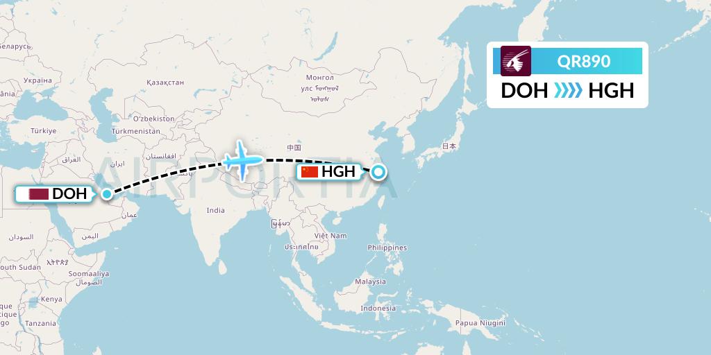 QR890 Qatar Airways Flight Map: Doha to Hangzhou