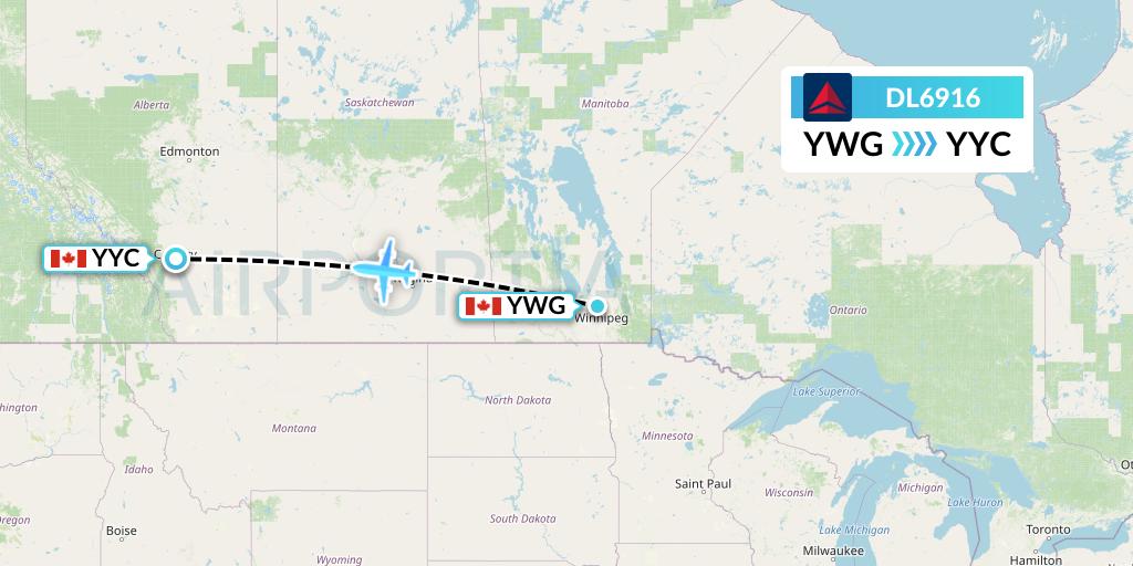 DL6916 Delta Air Lines Flight Map: Winnipeg to Calgary