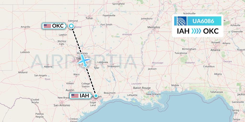UA6086 United Airlines Flight Map: Houston to Oklahoma City