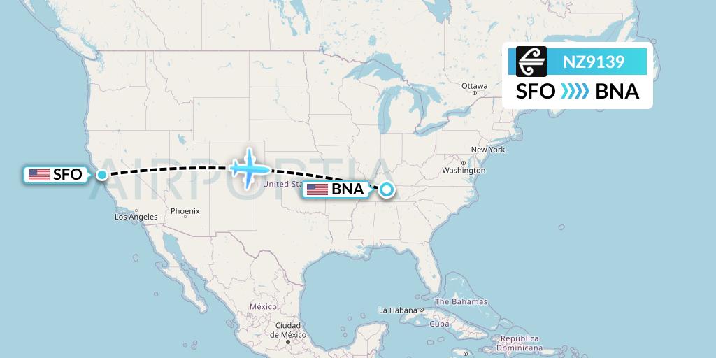 NZ9139 Air New Zealand Flight Map: San Francisco to Nashville