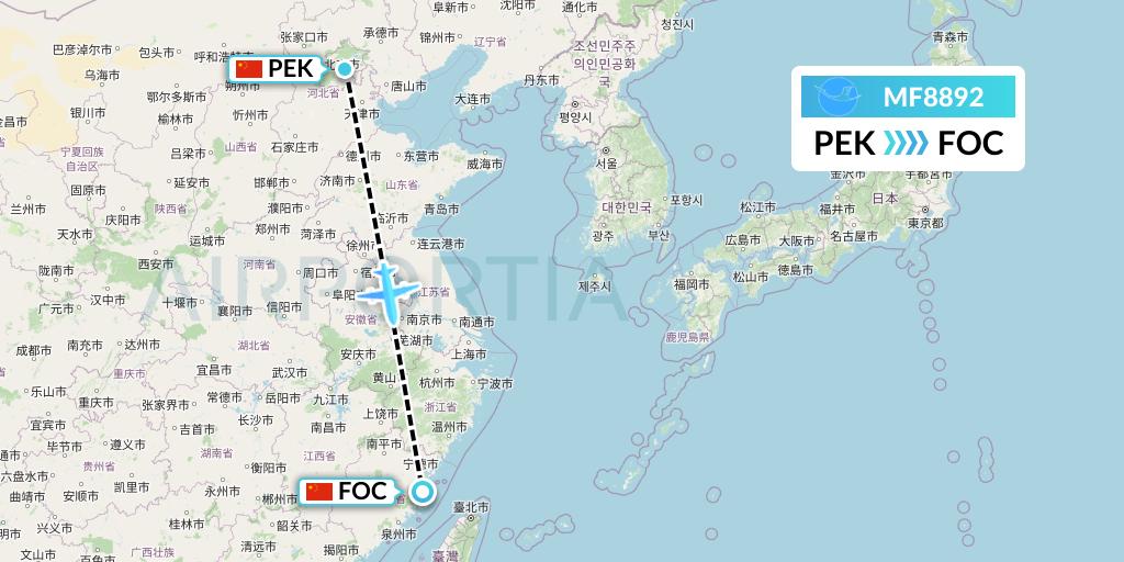 MF8892 Xiamen Airlines Flight Map: Beijing to Fuzhou