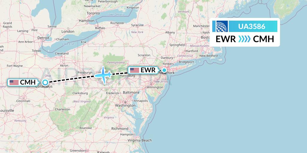 UA3586 United Airlines Flight Map: New York to Columbus