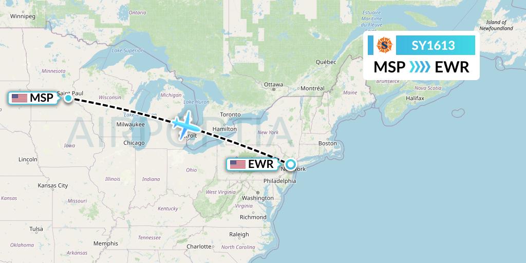 SY1613 Sun Country Airlines Flight Map: Minneapolis to New York
