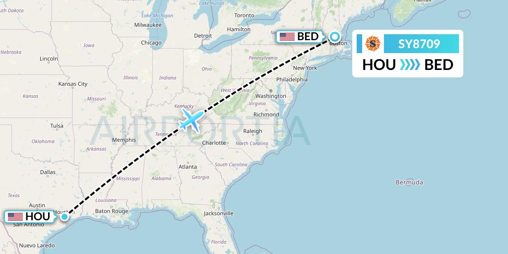 SY8709 Sun Country Airlines Flight Map: Houston to Bedford