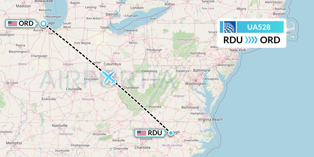 UA528 United Airlines Flight Map: Raleigh-Durham to Chicago