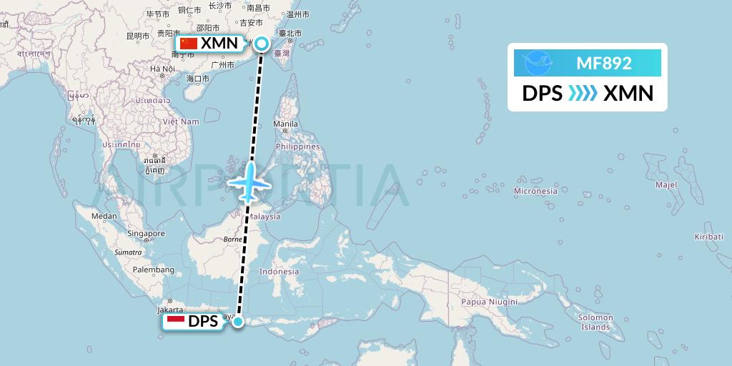 MF892 Xiamen Airlines Flight Map: Denpasar to Xiamen