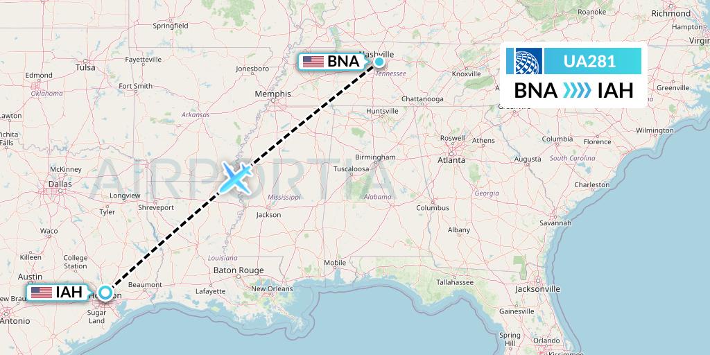 UA281 United Airlines Flight Map: Nashville to Houston
