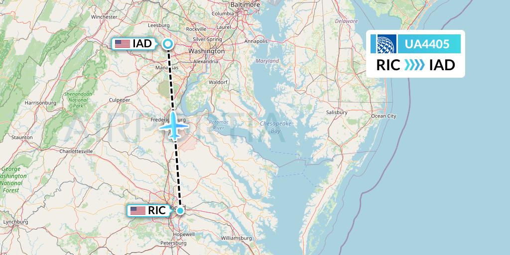 UA4405 United Airlines Flight Map: Richmond to Washington