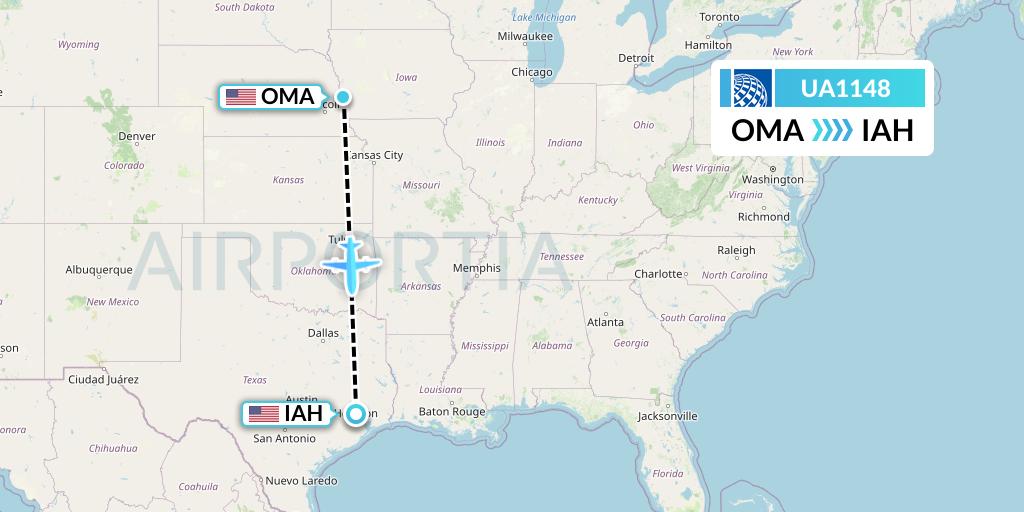 UA1148 United Airlines Flight Map: Omaha to Houston