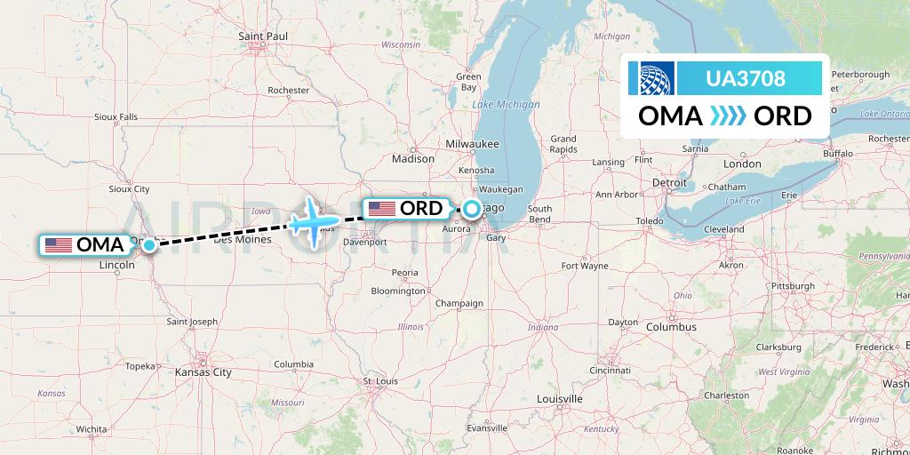 UA3708 United Airlines Flight Map: Omaha to Chicago