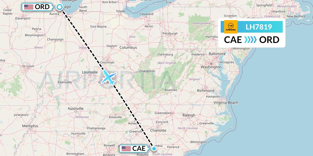 LH7819 Lufthansa Flight Map: Columbia to Chicago