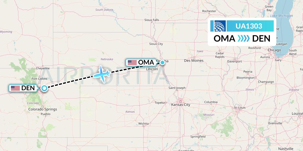 UA1303 United Airlines Flight Map: Omaha to Denver