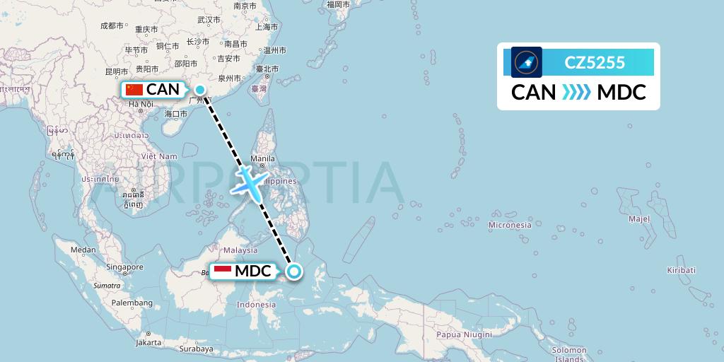 CZ5255 China Southern Airlines Flight Map: Guangzhou to Manado