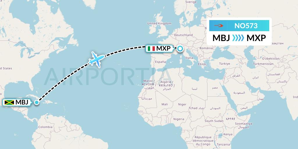 NO573 Neos Flight Map: Montego Bay to Milan