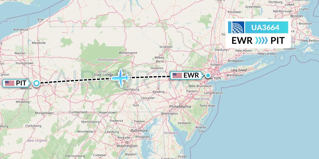 UA3664 United Airlines Flight Map: New York to Pittsburgh