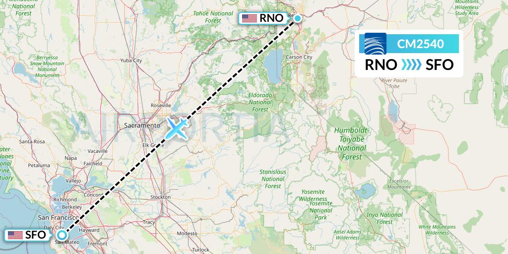 CM2540 Copa Airlines Flight Map: Reno to San Francisco