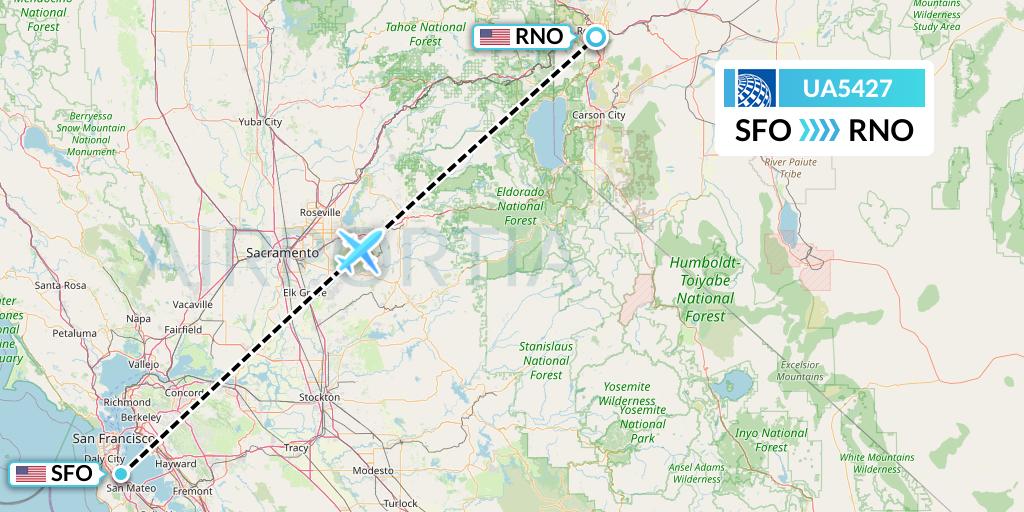 UA5427 United Airlines Flight Map: San Francisco to Reno