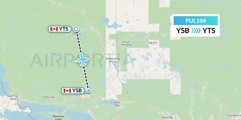 PUL104 Ornge Air Flight Map: Sudbury to Timmins