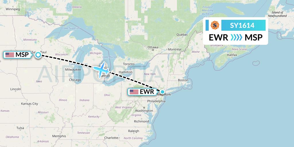SY1614 Sun Country Airlines Flight Map: New York to Minneapolis
