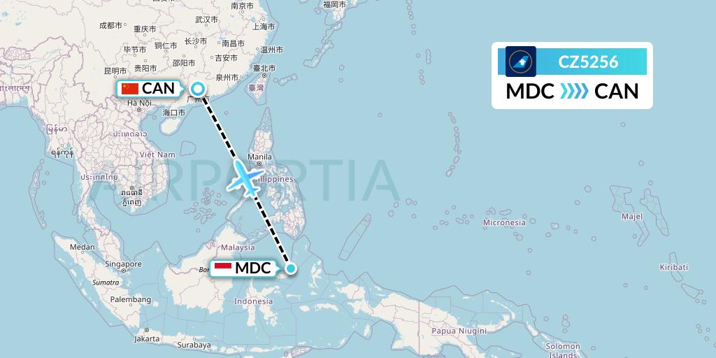 CZ5256 China Southern Airlines Flight Map: Manado to Guangzhou