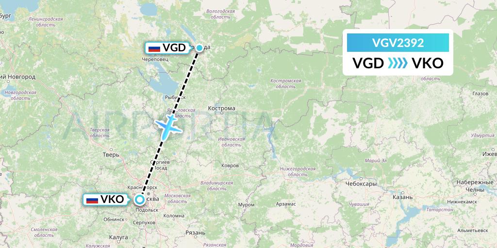 VGV2392 Vologda Air Enterprise Flight Map: Vologda to Moscow