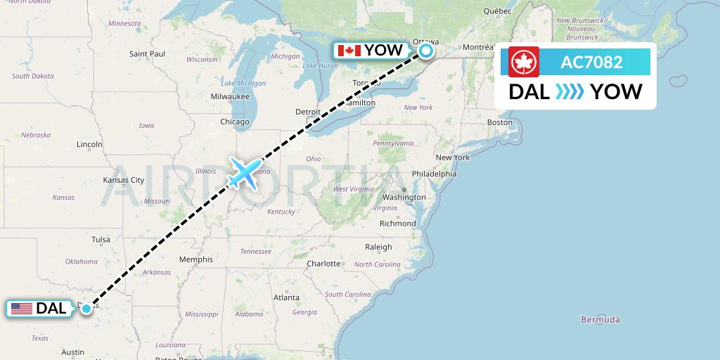 AC7082 Air Canada Flight Map: Dallas to Ottawa