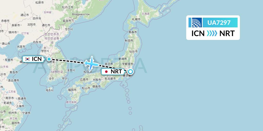 UA7297 United Airlines Flight Map: Seoul to Tokyo