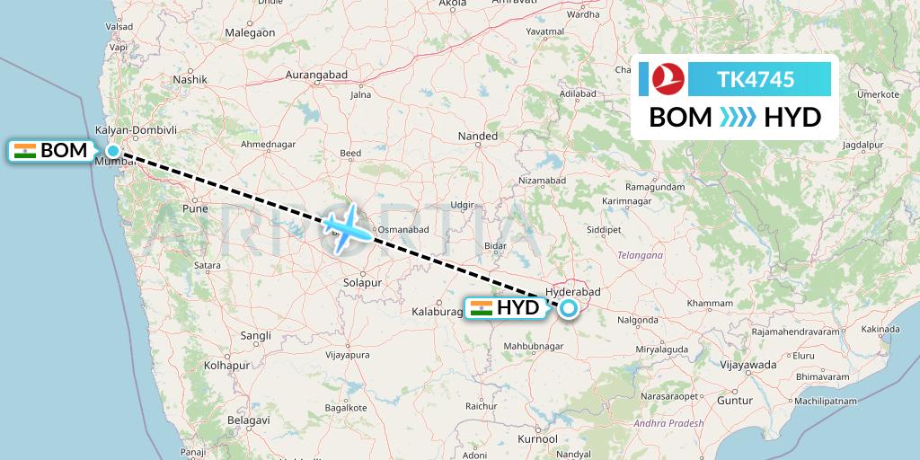 TK4745 Turkish Airlines Flight Map: Mumbai to Hyderabad