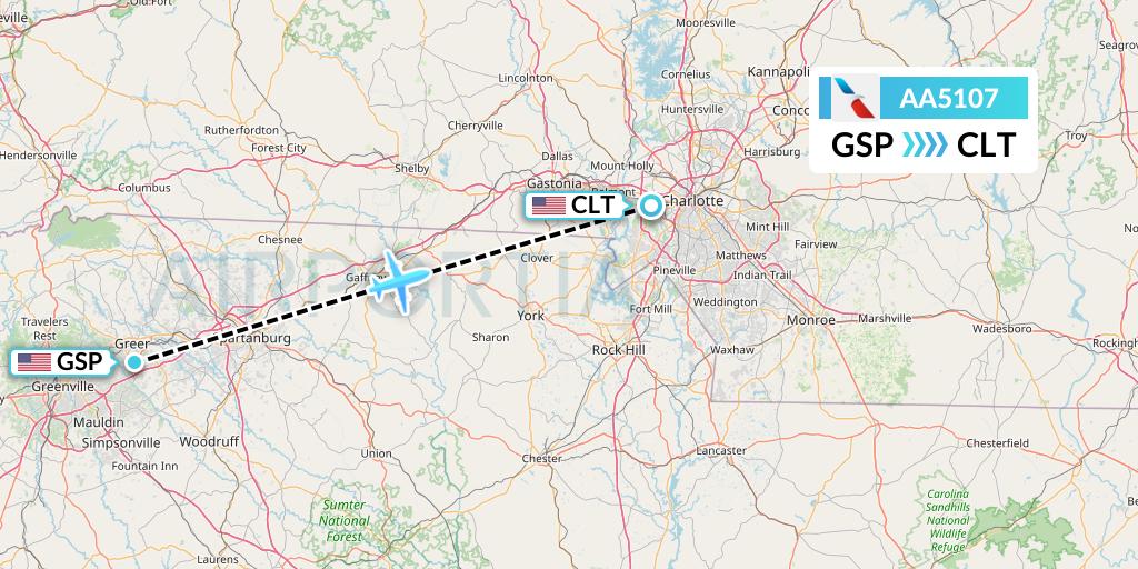AA5107 American Airlines Flight Map: Greenville-Spartanburg to Charlotte
