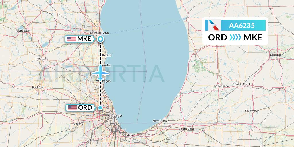 AA6235 American Airlines Flight Map: Chicago to Milwaukee