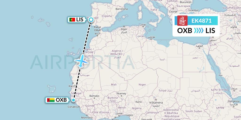 EK4871 Emirates Flight Map: Bissau to Lisbon