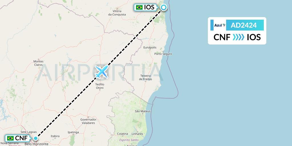 AD2424 Azul Brazilian Airlines Flight Map: Belo Horizonte to Ilheus