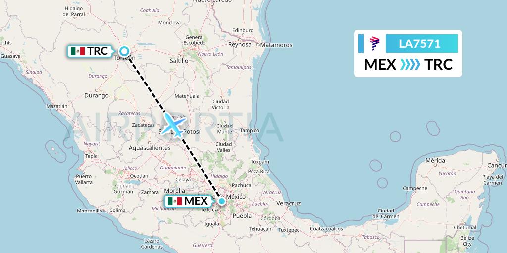 LA7571 LAN Airlines Flight Map: Mexico City to Torreon