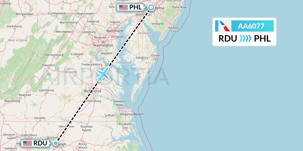 AA6077 American Airlines Flight Map: Raleigh-Durham to Philadelphia