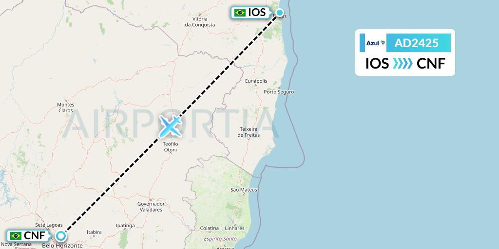 AD2425 Azul Brazilian Airlines Flight Map: Ilheus to Belo Horizonte