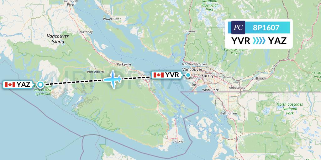 8P1607 Pacific Coastal Airlines Flight Map: Vancouver to Tofino