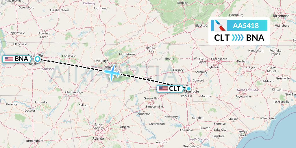 AA5418 American Airlines Flight Map: Charlotte to Nashville
