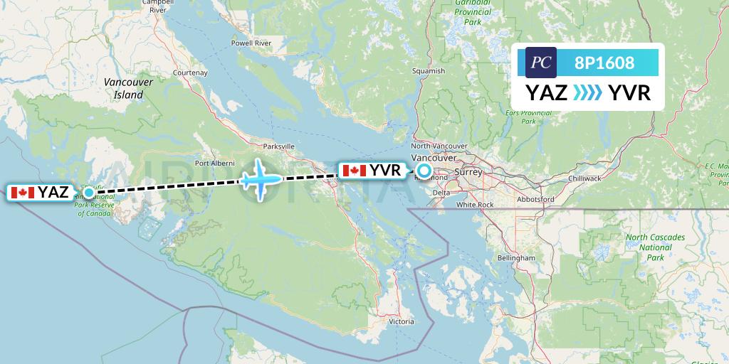 8P1608 Pacific Coastal Airlines Flight Map: Tofino to Vancouver