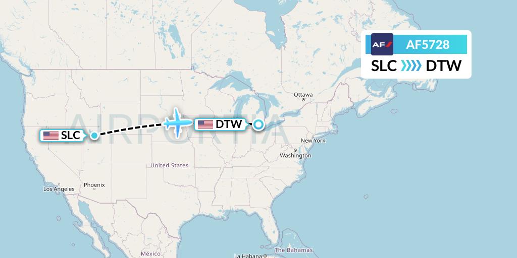AF5728 Air France Flight Map: Salt Lake City to Detroit