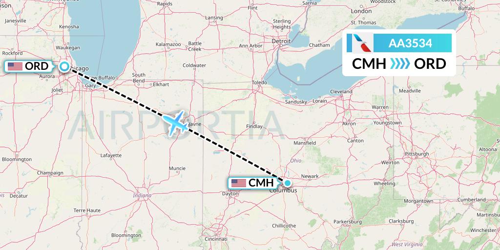 AA3534 American Airlines Flight Map: Columbus to Chicago