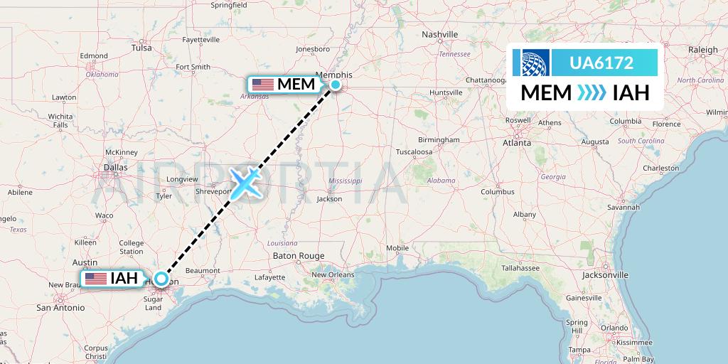 UA6172 United Airlines Flight Map: Memphis to Houston