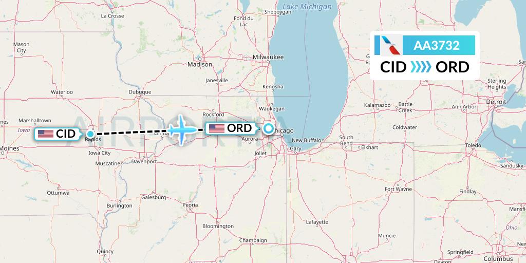 AA3732 American Airlines Flight Map: Cedar Rapids to Chicago