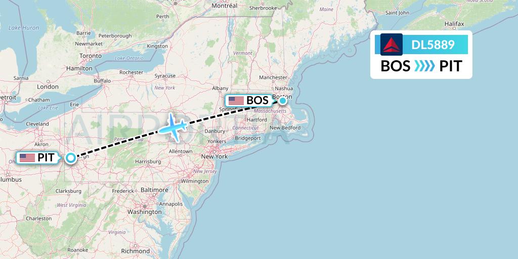 DL5889 Delta Air Lines Flight Map: Boston to Pittsburgh