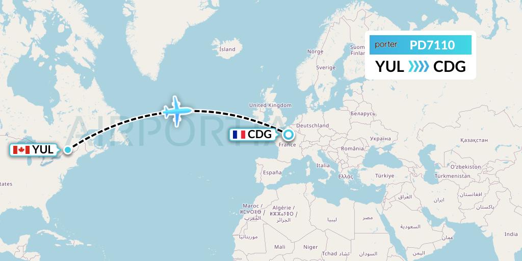 PD7110 Porter Airlines Flight Map: Montreal to Paris