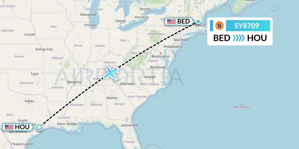 SY8709 Sun Country Airlines Flight Map: Bedford to Houston