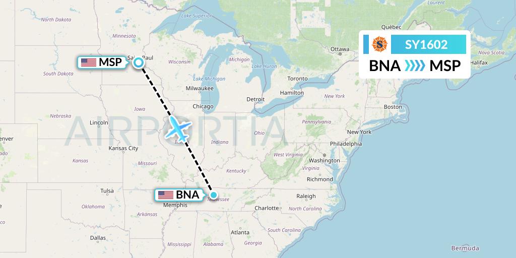 SY1602 Sun Country Airlines Flight Map: Nashville to Minneapolis